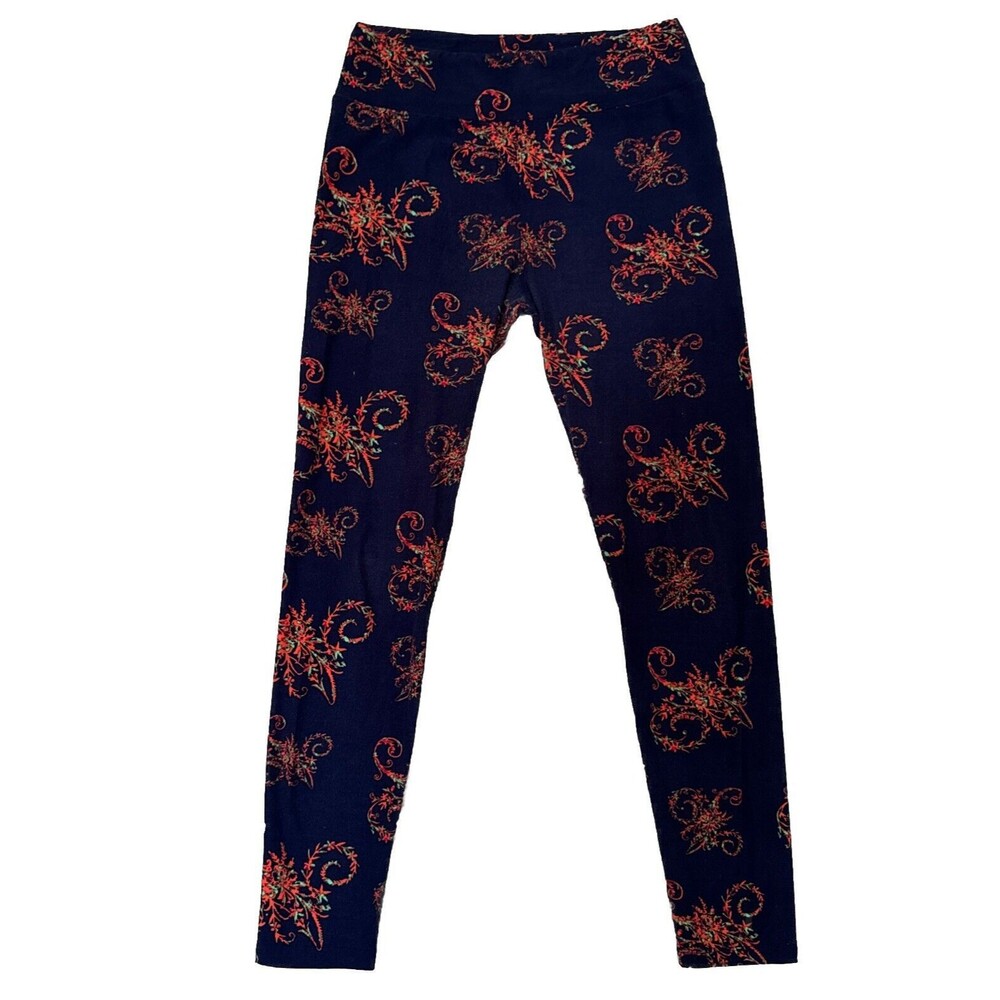 Lularoe Women's Floral Leggings Pants Navy Blue One Size Soft Spandex Yoga Pants